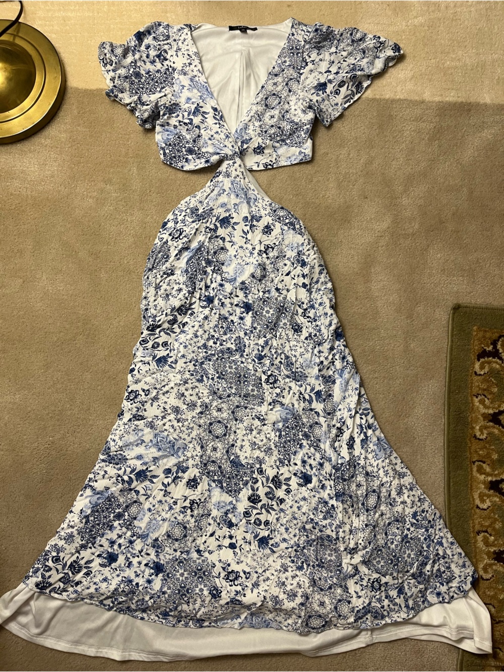 Lulu's White and Blue Floral Dress with Cutouts and V-Neckline
